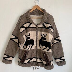 Ecuador Unisex Knit Cardigan Cowichan Style Deer 100% Lama Wool Lined Size L